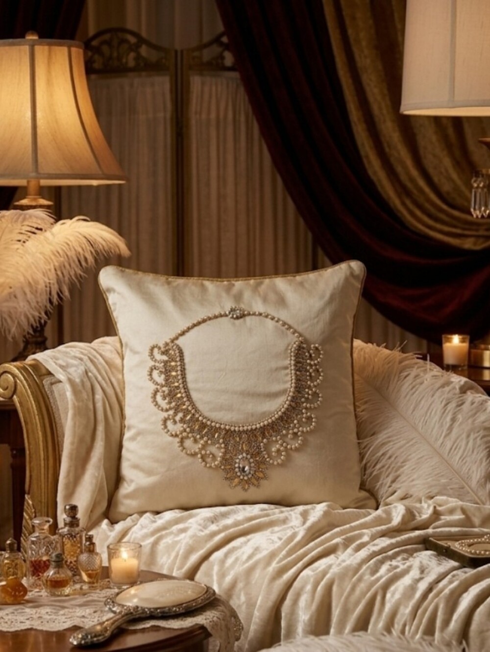 Luxury Hand-Beaded Cream Pillow 16x16 – Pearl Amber Crystal Feather Throw Pillow